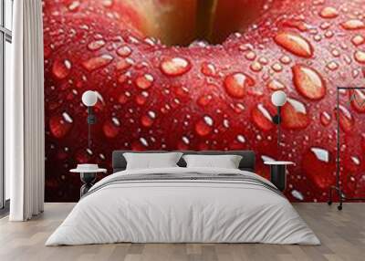 A close-up of a red apple covered in water droplets against a black background. Wall mural