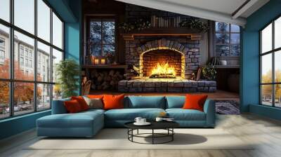 A cozy cabin interior with a fireplace, wood beams, and windows overlooking a snow-covered forest. Wall mural