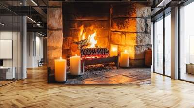 A cozy fireplace with burning logs and candles in a rustic setting. Wall mural