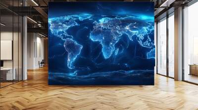 A glowing blue world map with continents outlined in white, with dark blue ocean and  abstract energy lines. Wall mural