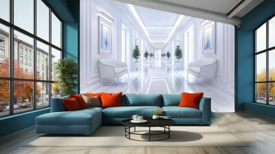 A long, white hallway with white chairs, plants, and artwork on the walls. The floor is marble and the ceiling is high. Wall mural