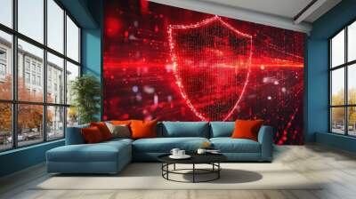 A red digital shield with glowing particles and lines in the background. Wall mural