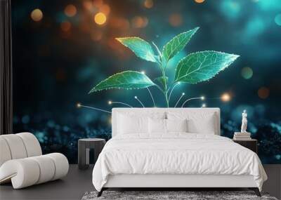 A sprout growing in the dark with glowing lights. Wall mural