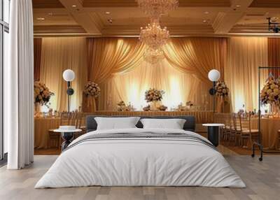 A wedding reception hall with a white dance floor, golden drapes, and two large chandeliers. Wall mural