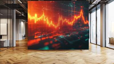 Abstract financial graph showing data on a screen with red and yellow lighting. Wall mural