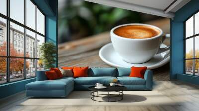 Close-up of a white cup of coffee with a brown wooden background. Wall mural