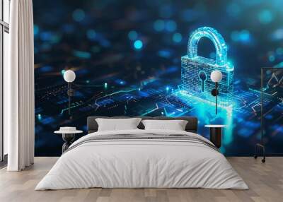 cyber security padlock symbolizes the protection and safeguarding of digital assets and information against unauthorized access, cyber threats, and malicious activities Wall mural