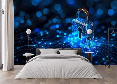 cyber security padlock symbolizes the protection and safeguarding of digital assets and information against unauthorized access, cyber threats, and malicious activities Wall mural