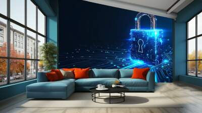 cyber security padlock symbolizes the protection and safeguarding of digital assets and information against unauthorized access, cyber threats, and malicious activities Wall mural