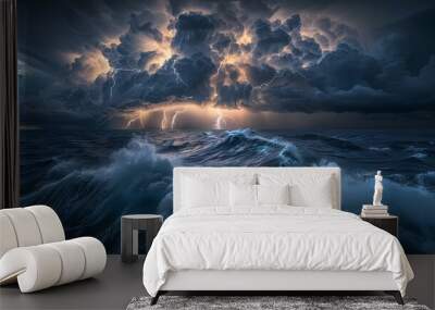 Dramatic stormy seascape with lightning striking over the ocean. Wall mural