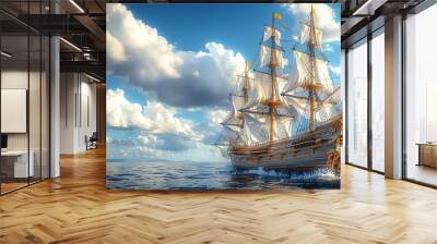 Majestic Sailboat in the Ocean with Dramatic Clouds. Wall mural