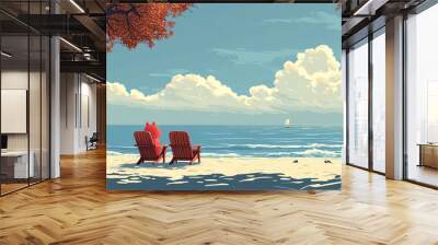 Two chairs on the beach with ocean view. Wall mural