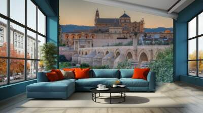 Sunset view of the old roman bridge in the spanish city cordoba with the la mezquita cathedral on horizon. Wall mural