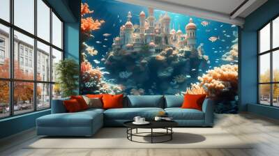  enchanting underwater palace in a sunken kingdom surrounded by colorful coral reefs and captivating fish, perfect for a fairytale mermaid backdrop Wall mural