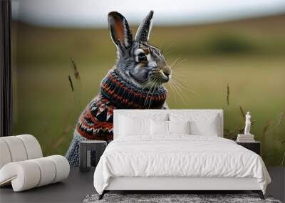 A cute rabbit wearing a striped sweater with a blurred natural scenery in the background. Wall mural