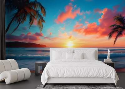 Abstract digital sunrise over beach with vibrant sea colors, creating a captivating graphic poster background Wall mural