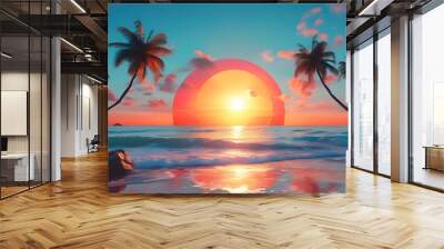 Abstract digital sunrise over beach with vibrant sea colors, creating a captivating graphic poster background Wall mural