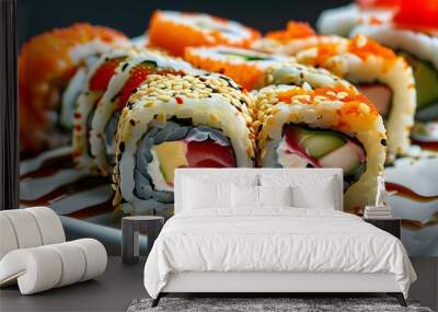 Artfully arranged delectable sushi rolls on a vibrant plate Wall mural