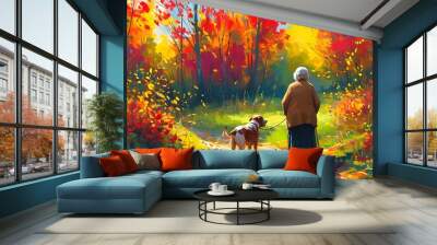 Autumn stroll through a vibrant forest with an elderly woman and her dog, embracing nature and companionship amidst colorful foliage Wall mural