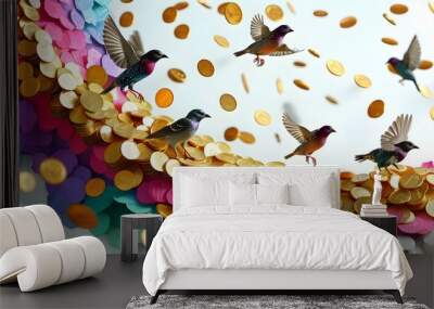 Birds soaring through a vibrant rainbow of gold coins, symbolizing economic prosperity, set against a realistic background with ample space for text Wall mural