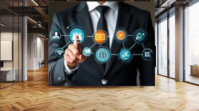 Businessman silhouette with futuristic technology and innovation icons representing digital transformation in modern business solutions Wall mural