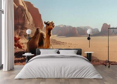 Camel in serene desert landscape with striking red rock formations and clear blue sky highlighting the tranquility of arid wilderness Wall mural