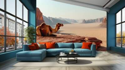 Camel in serene desert landscape with striking red rock formations and clear blue sky highlighting the tranquility of arid wilderness Wall mural