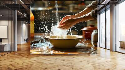 chaotic kitchen scene of a person washing dishes with water splashing all around Wall mural