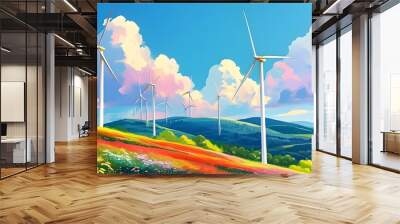 Charming Animated Technicolor Illustration of a Vertical Wind Turbine Wall mural