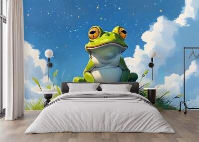 Charming cartoon frog resting on a grassy hill under a serene blue sky adorned with stars and fluffy clouds Wall mural