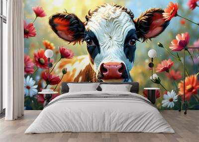 Charming Cow Surrounded by Blossoming Flowers in a Whimsical Art Illustration Wall mural