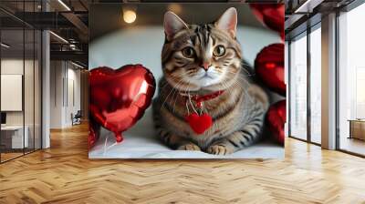 Charming shorthair cat surrounded by vibrant red heart-shaped balloons, perfect for celebrating Valentines Day Wall mural