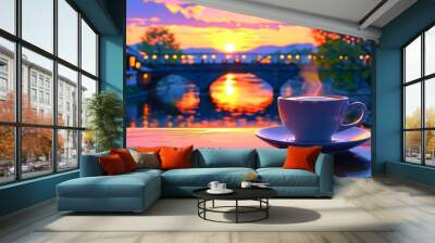 Charming sunset view with coffee on table by the river, featuring a bridge in a colorful Lofi anime style creating a relaxing, happy atmosphere Wall mural