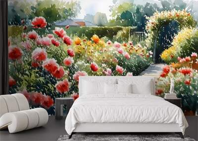 Charming Watercolor Garden Alive with Vibrant Blossoms Wall mural