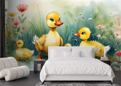 Charming watercolor illustration of joyful baby duckling amidst vibrant flower blossoms, perfect for home decor in childrens rooms Wall mural