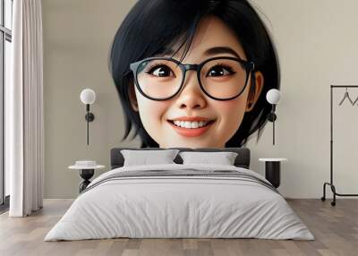 Cheerful 3D Cartoon of Happy Young Asian Woman with Short Black Hair and Glasses on Light Background Wall mural