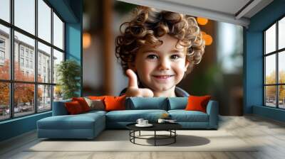 Cheerful child with curly hair giving thumbs up indoors, radiating positivity and joy with a brilliant smile Wall mural