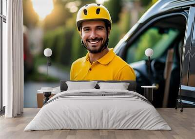 Cheerful delivery man in yellow gear with cardboard box beside a delivery van Wall mural