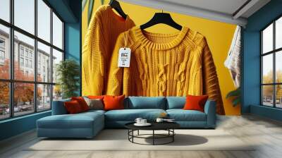 Chic Sweater Display in Warm Hues with Vibrant Yellow Backdrop and Eye-Catching Discount Tag in Trendy Retail Space Wall mural