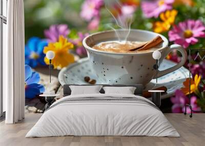 Cinnamon latte in white mug with vibrant spring flowers on a bright morning Wall mural