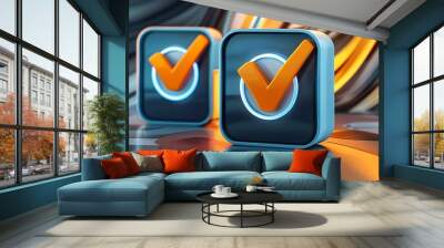 Completion and Progress: A Simple Checklist Icon with Checkmarks Against an Abstract Flowing Background Wall mural