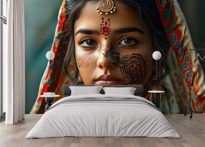 Contemplative 3D Portrait of Indian Young Woman in Traditional Attire with Intricate Mehndi, Expressing Serenity in a Cultural Digital Art Illustration Wall mural