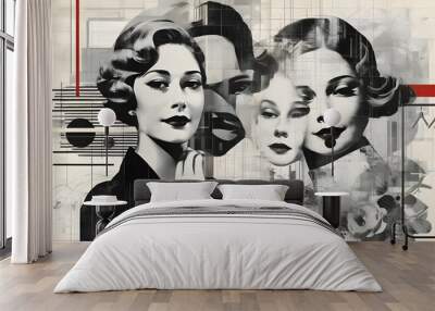 Contemporary and Vintage Fusion in Mixed-Media Collage of Young Couple Wall mural