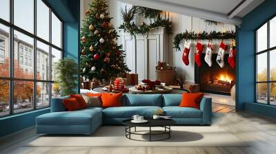 Cozy Christmas Living Room adorned with festive decorations, twinkling lights, a majestic tree, and a warm fireplace inviting family celebrations and holiday cheer Wall mural