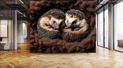 Cozy nest featuring two adorable hedgehogs peacefully napping together Wall mural