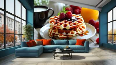 Delicious breakfast of golden waffles drizzled with syrup Wall mural