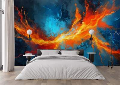 Dynamic clash of fiery orange and cool blue energy against a dark textured backdrop Wall mural