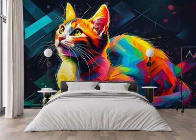 Dynamic geometric cat art in striking colors on a dark backdrop, celebrating digital artistic innovation and creativity. Wall mural