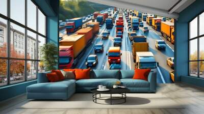 Dynamic highway scene bustling with colorful trucks and cars, showcasing the essence of movement and the vital role of transportation and logistics in everyday life Wall mural