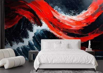 Dynamic Red Wave in Contrast with Black Space - An impactful abstraction depicting the powerful clash of energy and nature through vibrant red against a stark black backdrop Wall mural